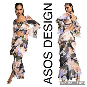 ASOS DESIGN Milkmaid ruffle maxi dress with cut outs in watercolour print,size 6